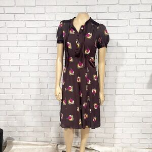 Re:Sound Brown Silk A-Line Dress | Floral‎ Midi Cottagecore